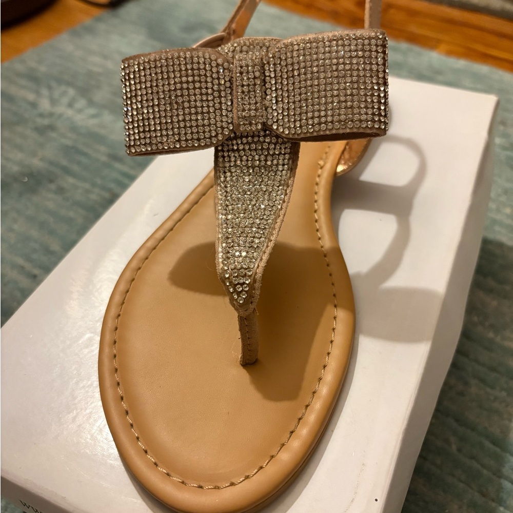 Material Girl Tan and Silver Sandals with Rhinestone Accents